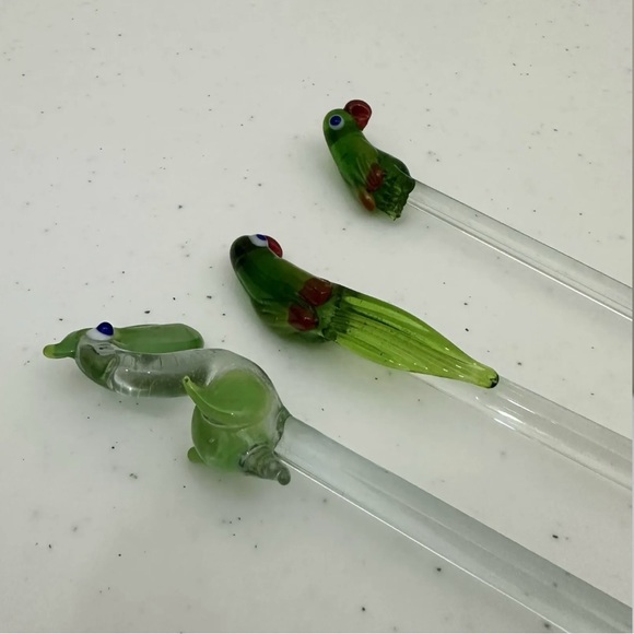 Hand Blown Glass Tropical Birds Bar Stir Swizzle Sticks Drink Stirrers Set Of 3 - Picture 6 of 10